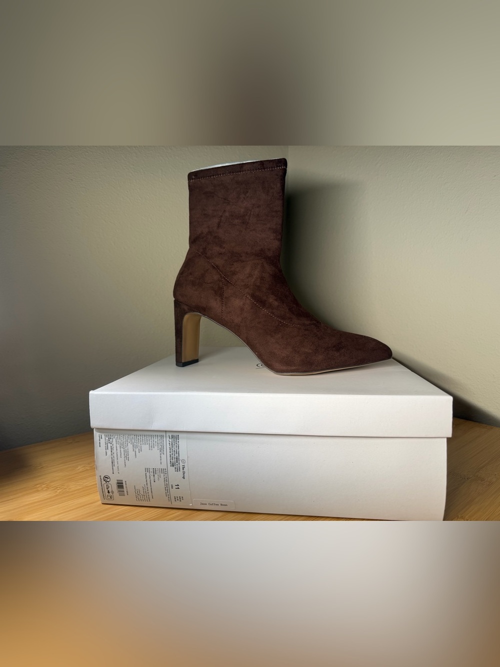 NIB The Drop Jane Coffee Bean Brown Faux Suede Pointed Toe Sock Boots 11